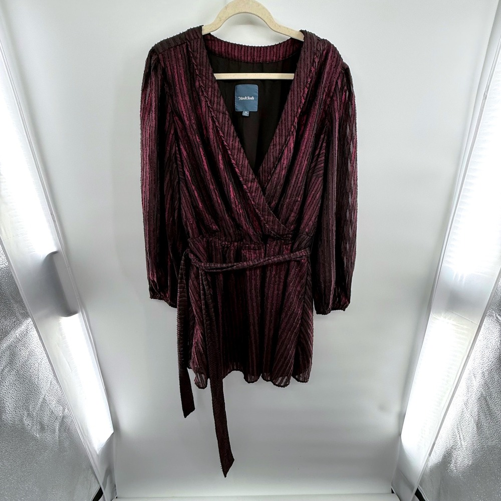 ModCloth 3X Burgundy Metallic‎ Stripe Gauzy Wrap Dress Long Sleeve Tie Waist
